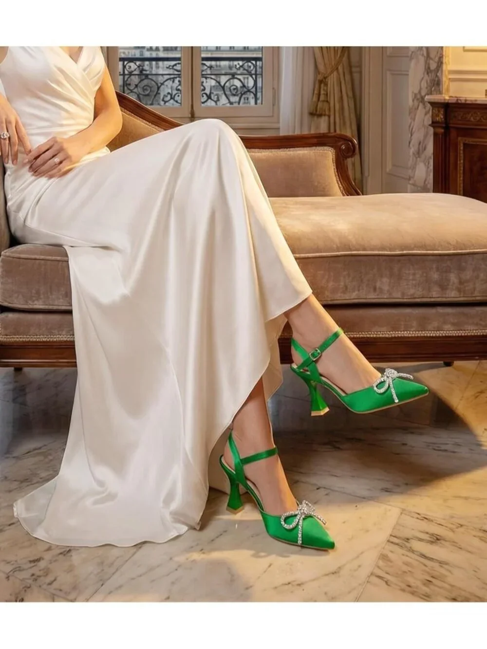 Women's Green Stiletto Pumps Shoes Pointed Toe Ankle Strap High Heel Dress Shoes